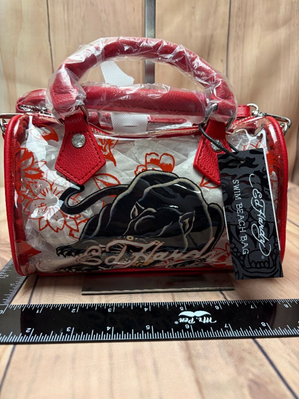 Ed Hardy transparent mini satchel featuring a bold black panther graphic